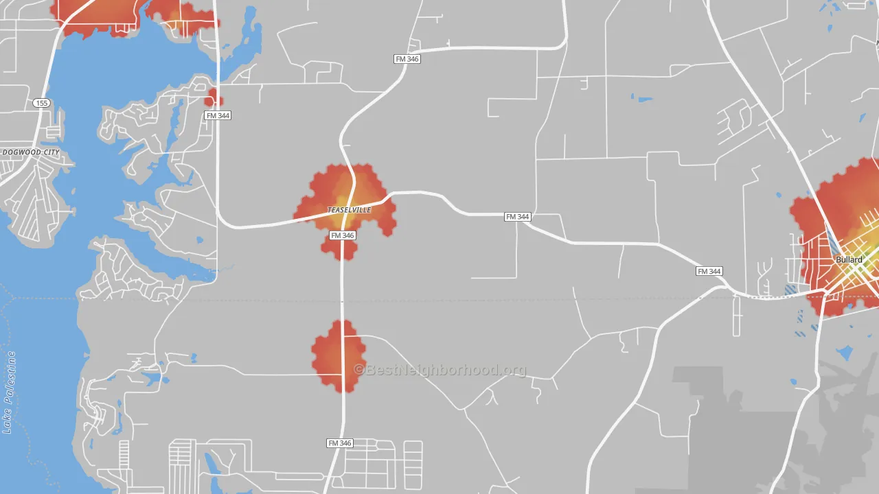 Walk Grade map of Teaselville, TX, walkable areas in green and car-dependent areas in red