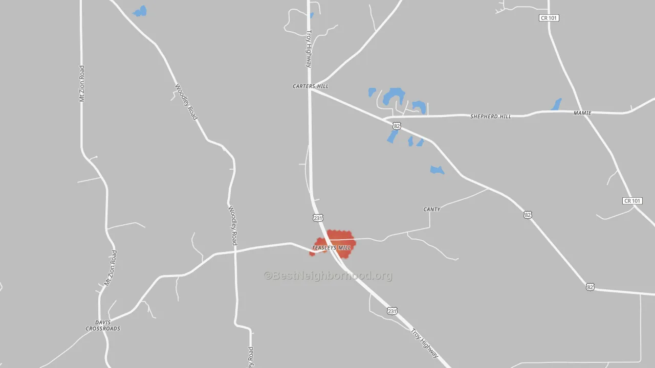 Walk Grade map of Teasleys Mill, AL, walkable areas in green and car-dependent areas in red