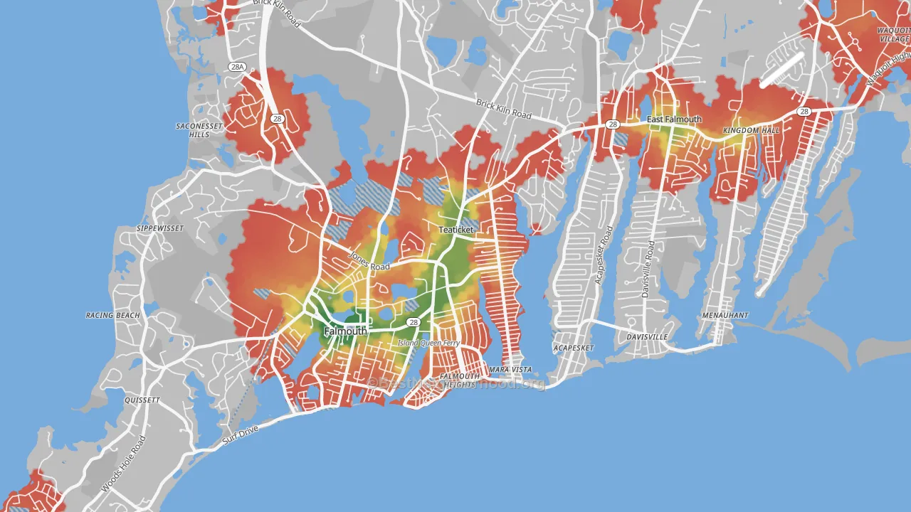 Walk Grade map of Teaticket, East Falmouth, MA, walkable areas in green and car-dependent areas in red
