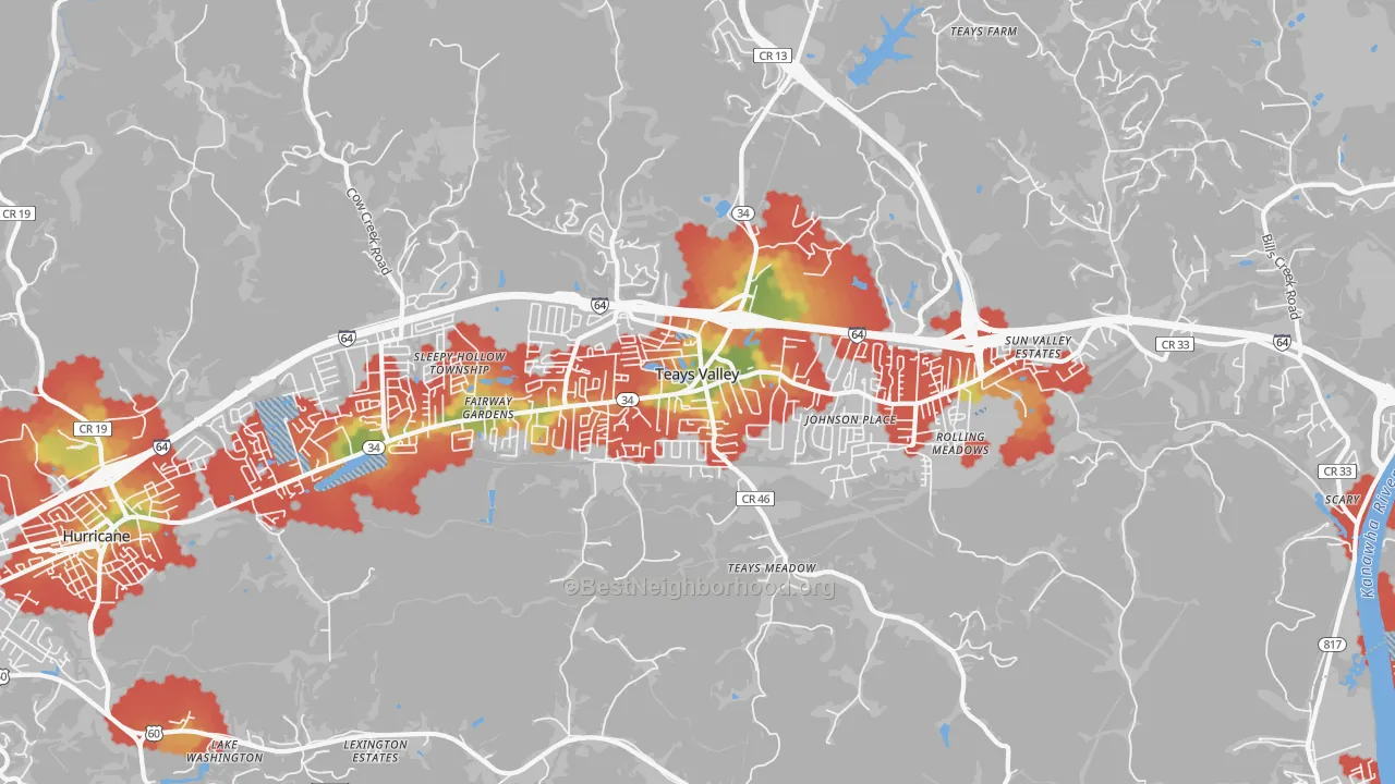 Walk Grade map of Teays Valley, WV, walkable areas in green and car-dependent areas in red