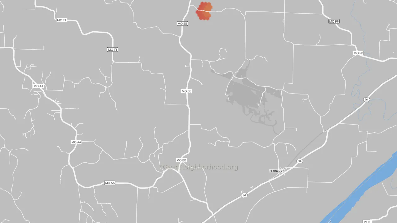 Walk Grade map of Tebbetts, MO, walkable areas in green and car-dependent areas in red