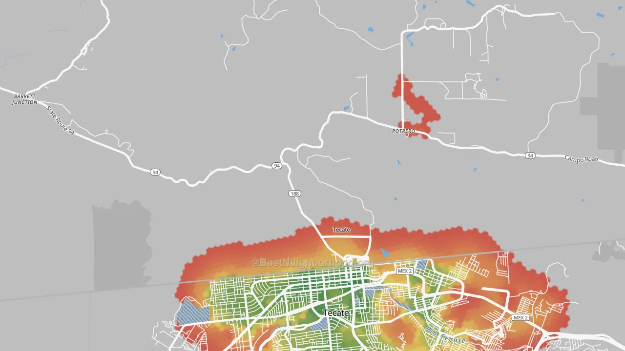 Walk Grade map of Tecate, CA, walkable areas in green and car-dependent areas in red