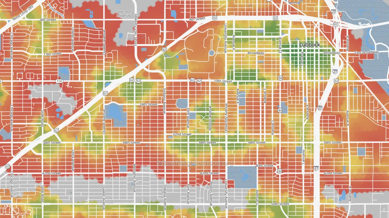 Walk Grade map of Tech Terrace-U.N.I.T., Lubbock, TX, walkable areas in green and car-dependent areas in red