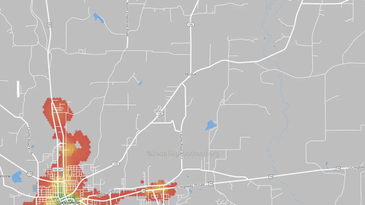 Walk Grade map of Tecula, TX, walkable areas in green and car-dependent areas in red