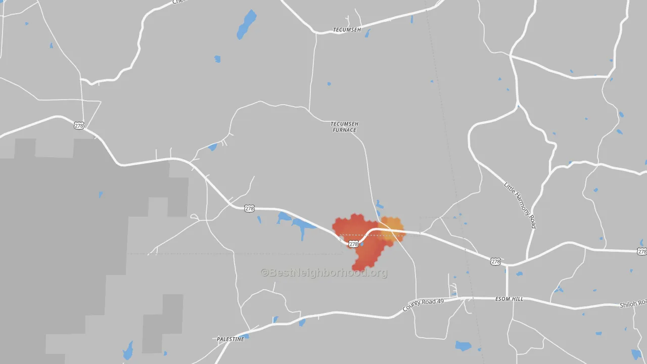 Walk Grade map of Tecumseh, AL, walkable areas in green and car-dependent areas in red
