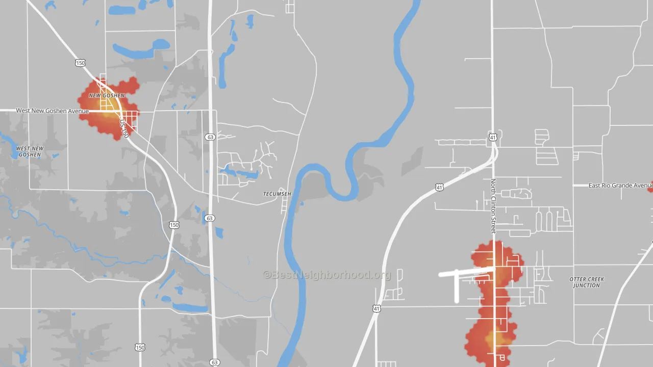 Walk Grade map of Tecumseh, IN, walkable areas in green and car-dependent areas in red