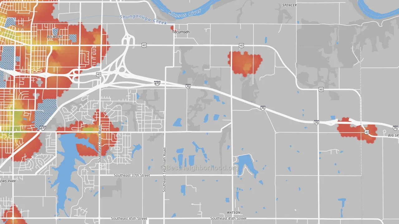 Walk Grade map of Tecumseh, KS, walkable areas in green and car-dependent areas in red