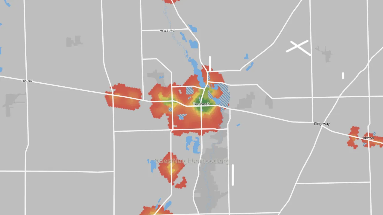 Walk Grade map of Tecumseh, MI, walkable areas in green and car-dependent areas in red