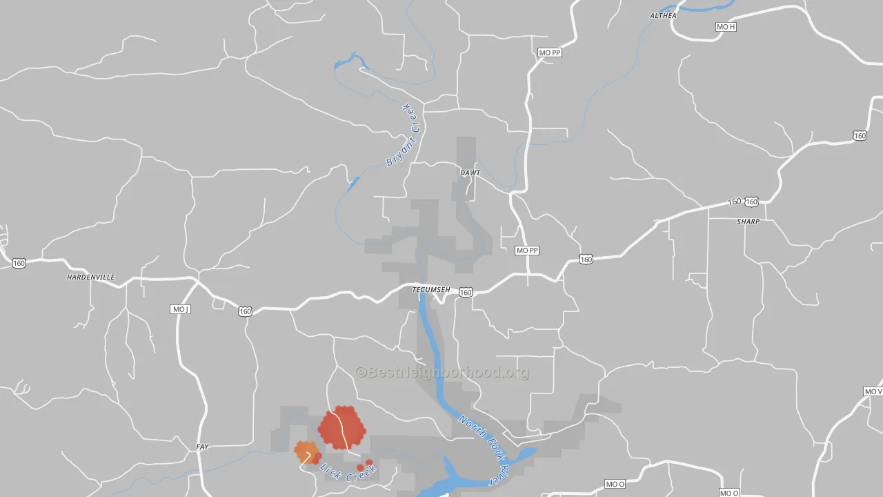 Walk Grade map of Tecumseh, MO, walkable areas in green and car-dependent areas in red