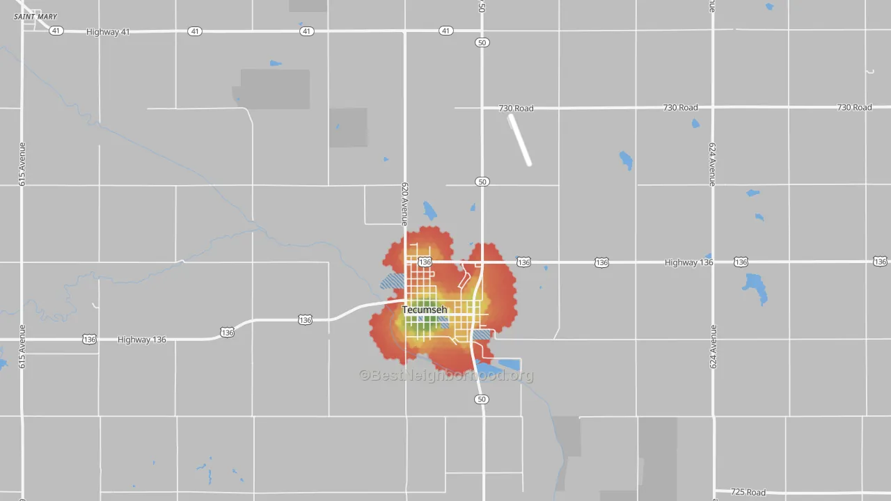 Walk Grade map of Tecumseh, NE, walkable areas in green and car-dependent areas in red