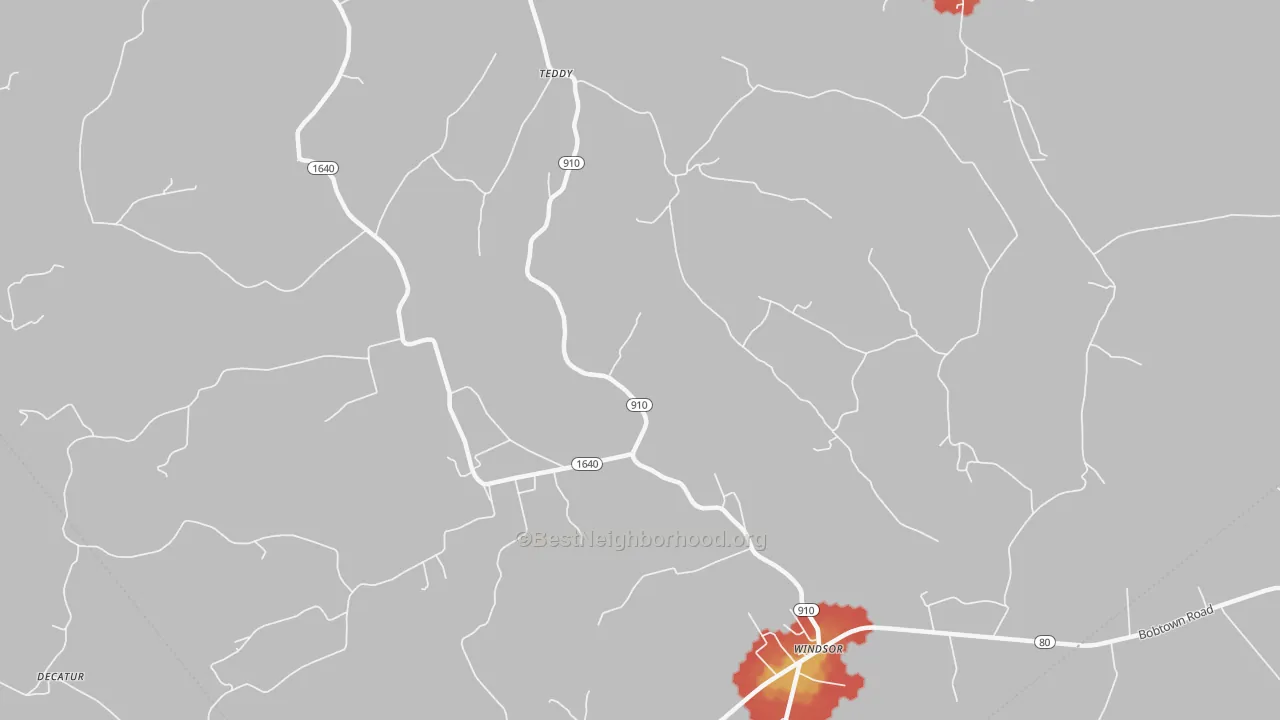 Walk Grade map of Teddy, KY, walkable areas in green and car-dependent areas in red