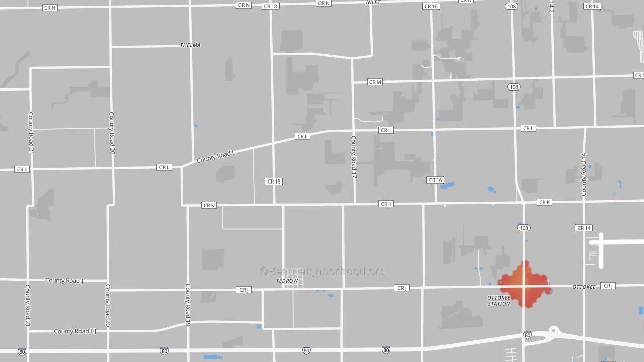 Walk Grade map of Tedrow, OH, walkable areas in green and car-dependent areas in red
