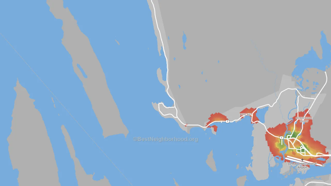 Walk Grade map of Tee Harbor, AK, walkable areas in green and car-dependent areas in red