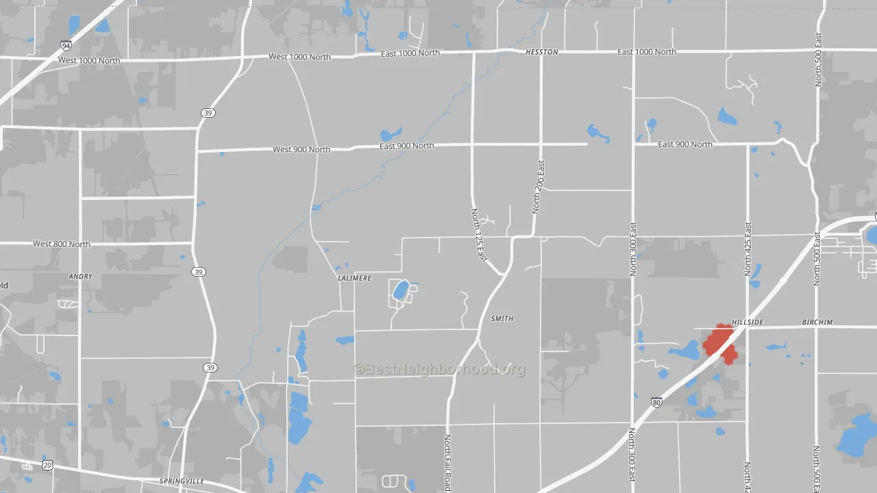 Walk Grade map of Tee Lake, IN, walkable areas in green and car-dependent areas in red