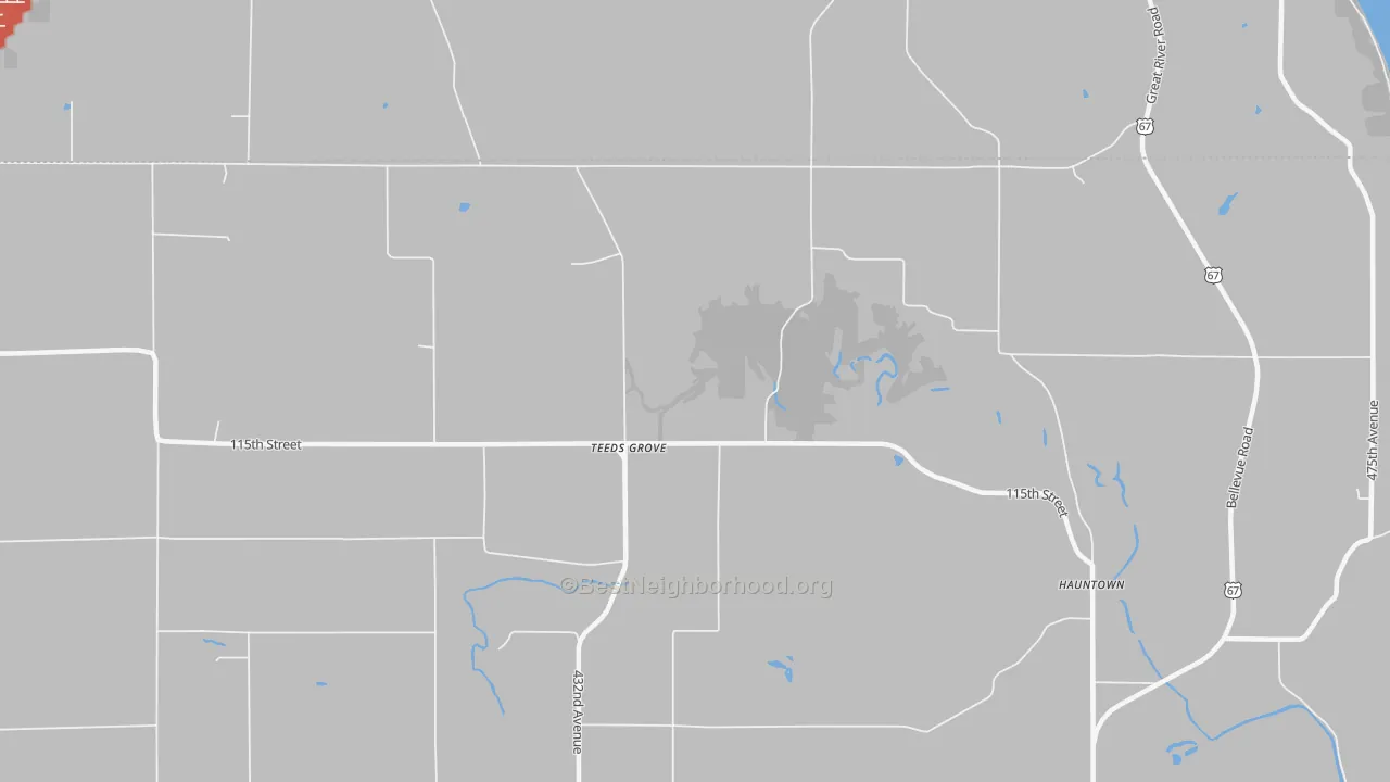 Walk Grade map of Teeds Grove, IA, walkable areas in green and car-dependent areas in red