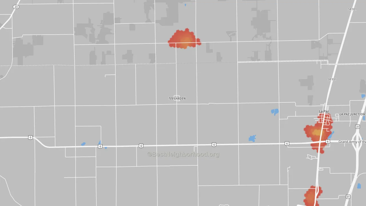 Walk Grade map of Teegarden, IN, walkable areas in green and car-dependent areas in red