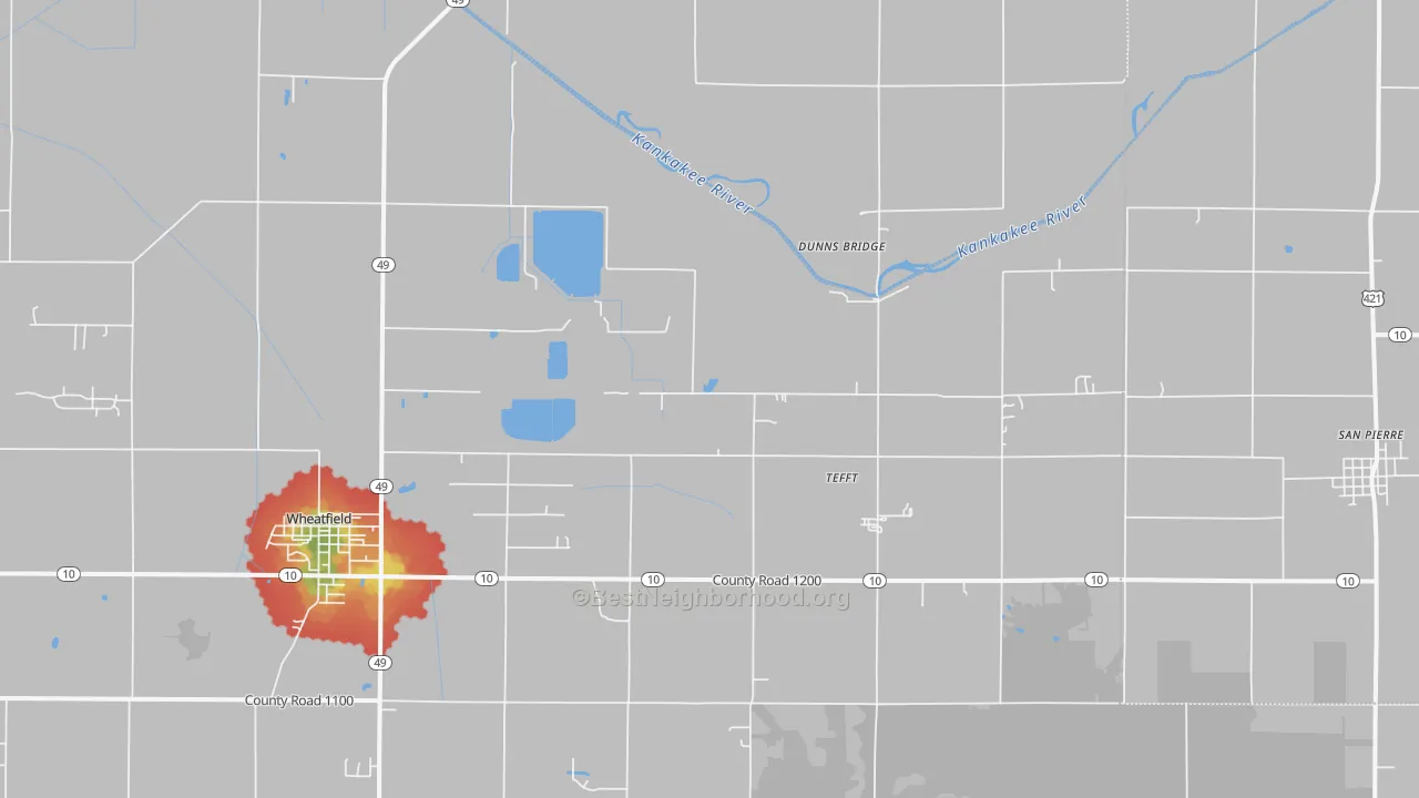 Walk Grade map of Tefft, IN, walkable areas in green and car-dependent areas in red