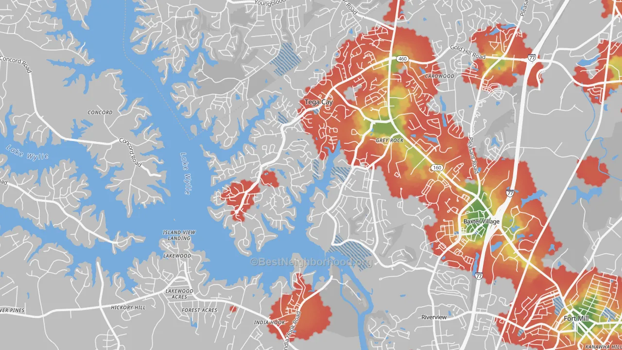 Walk Grade map of Tega Cay, SC, walkable areas in green and car-dependent areas in red