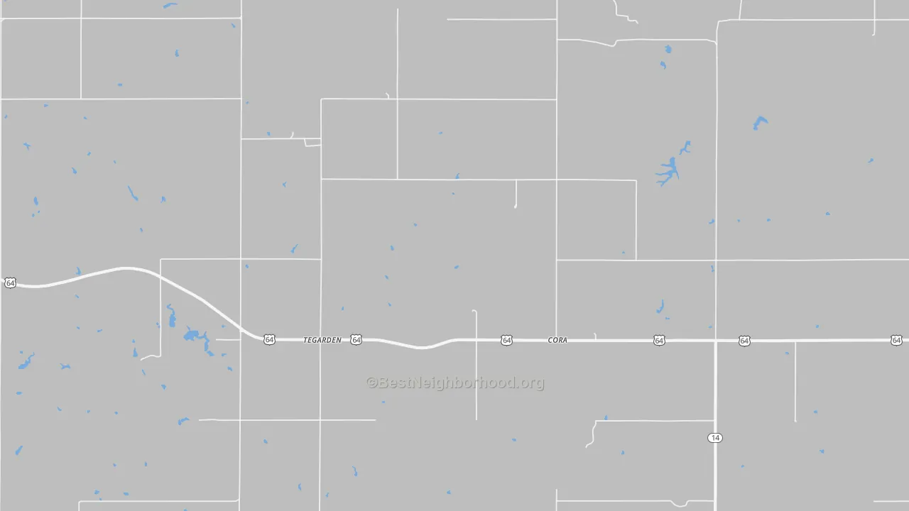 Walk Grade map of Tegarden, OK, walkable areas in green and car-dependent areas in red