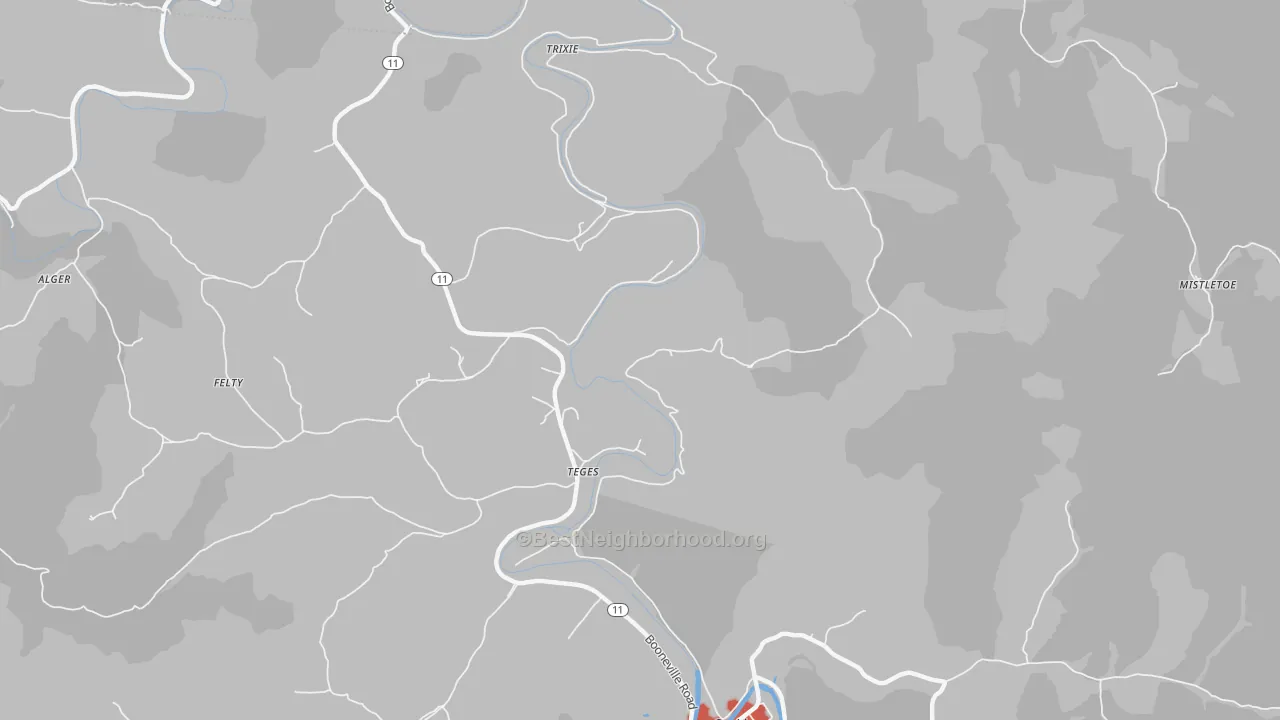 Walk Grade map of Teges, KY, walkable areas in green and car-dependent areas in red