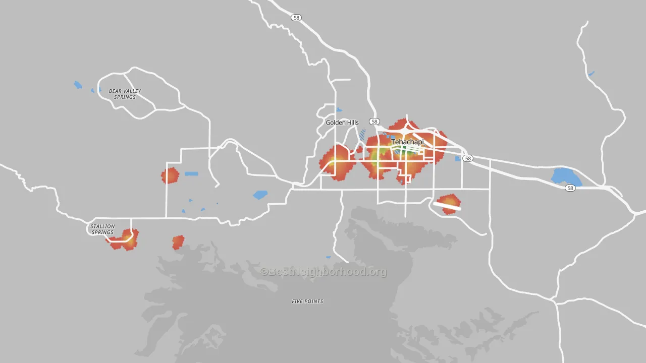 Walk Grade map of Tehachapi, CA, walkable areas in green and car-dependent areas in red