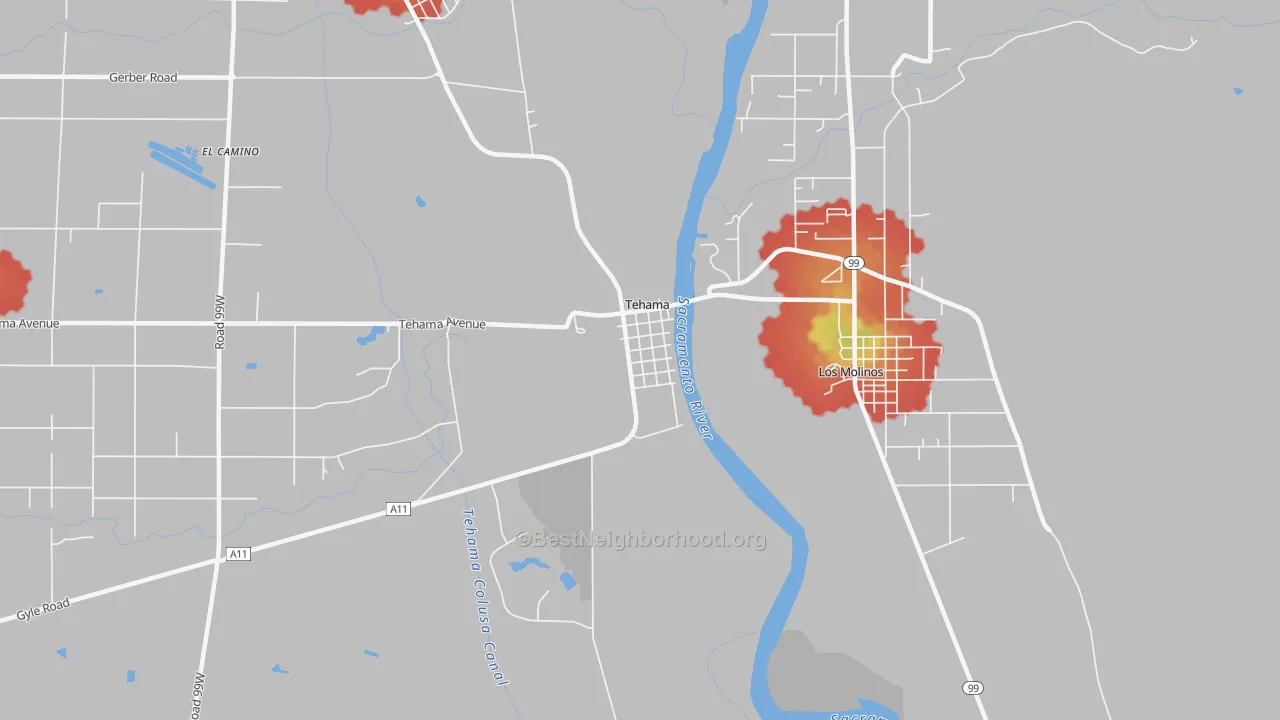 Walk Grade map of Tehama, CA, walkable areas in green and car-dependent areas in red