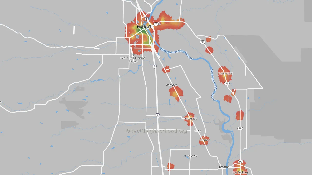 Walk Grade map of Tehama County, CA, walkable areas in green and car-dependent areas in red
