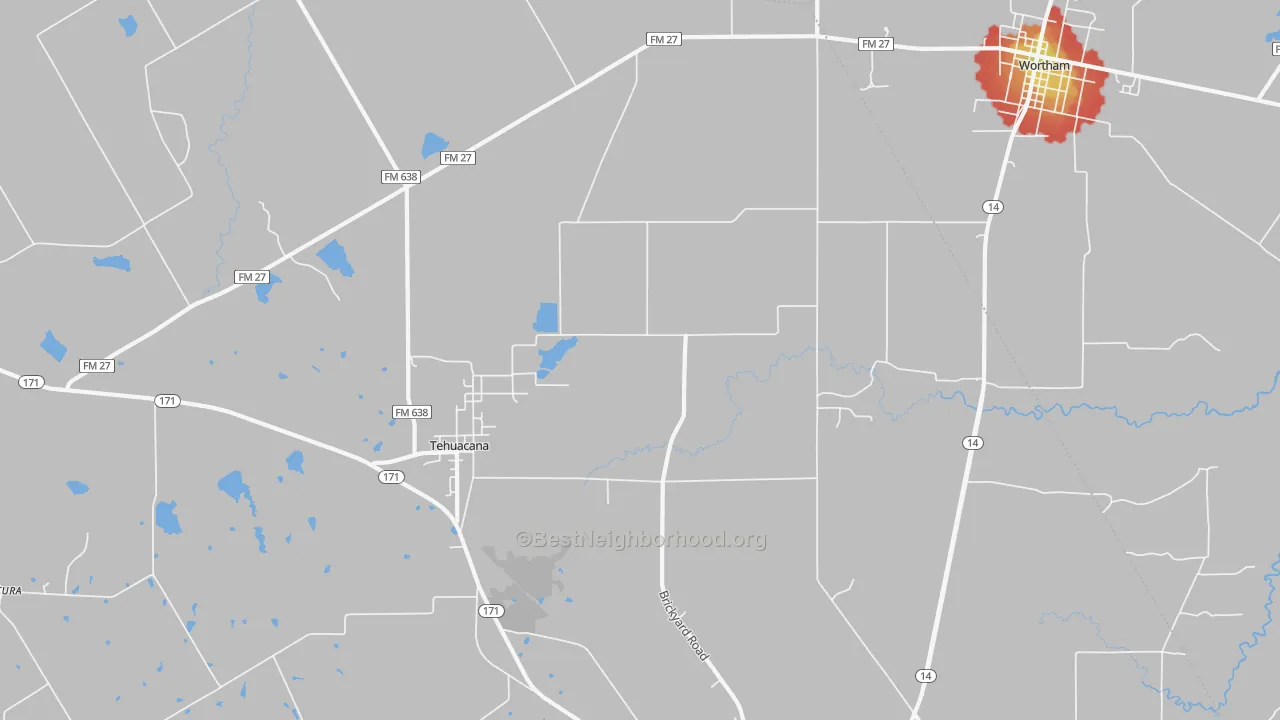 Walk Grade map of Tehuacana, TX, walkable areas in green and car-dependent areas in red
