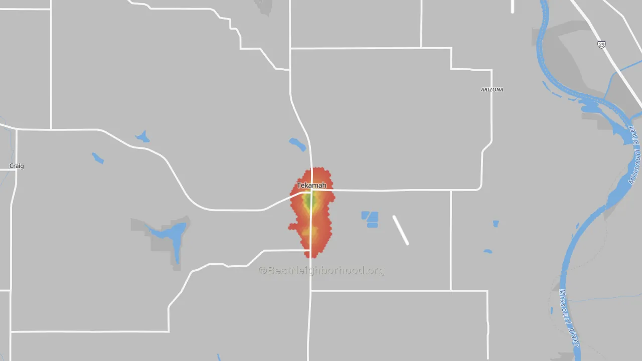Walk Grade map of Tekamah, NE, walkable areas in green and car-dependent areas in red