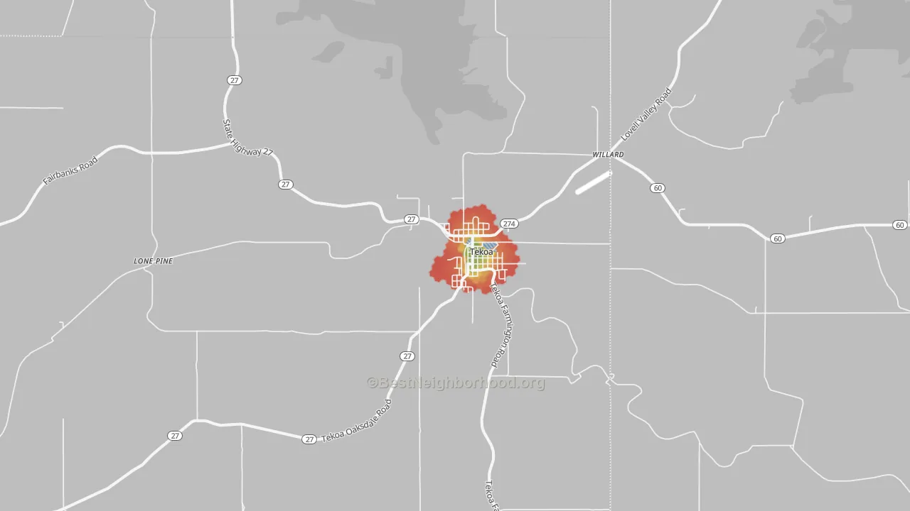 Walk Grade map of Tekoa, WA, walkable areas in green and car-dependent areas in red