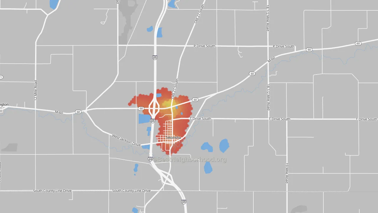 Walk Grade map of Tekonsha, MI, walkable areas in green and car-dependent areas in red