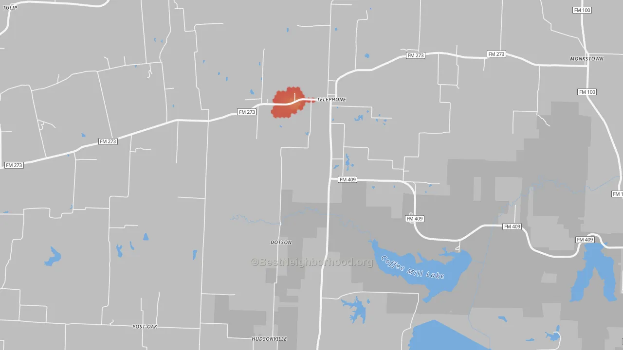 Walk Grade map of Telephone, TX, walkable areas in green and car-dependent areas in red