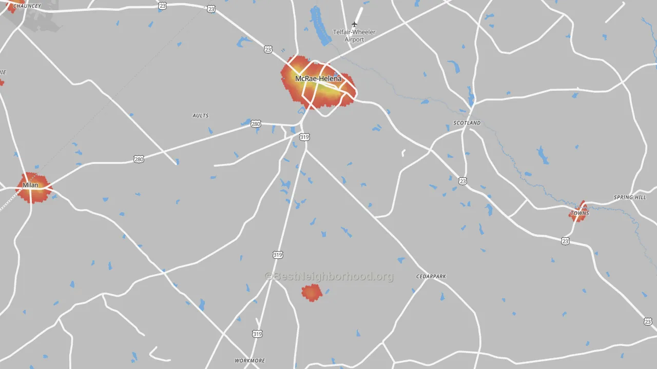 Walk Grade map of Telfair County, GA, walkable areas in green and car-dependent areas in red