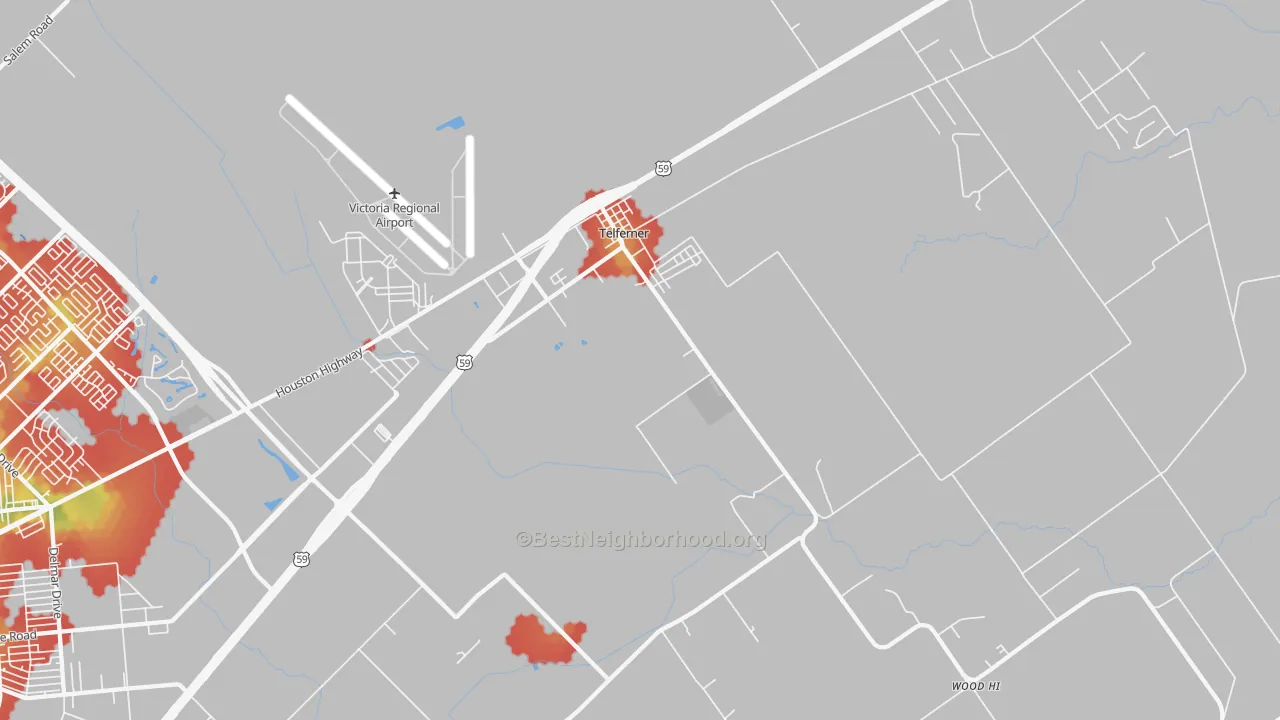 Walk Grade map of Telferner, TX, walkable areas in green and car-dependent areas in red