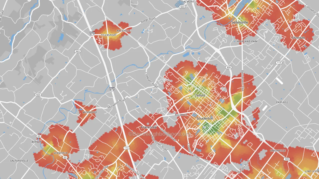 Walk Grade map of Telford, PA, walkable areas in green and car-dependent areas in red