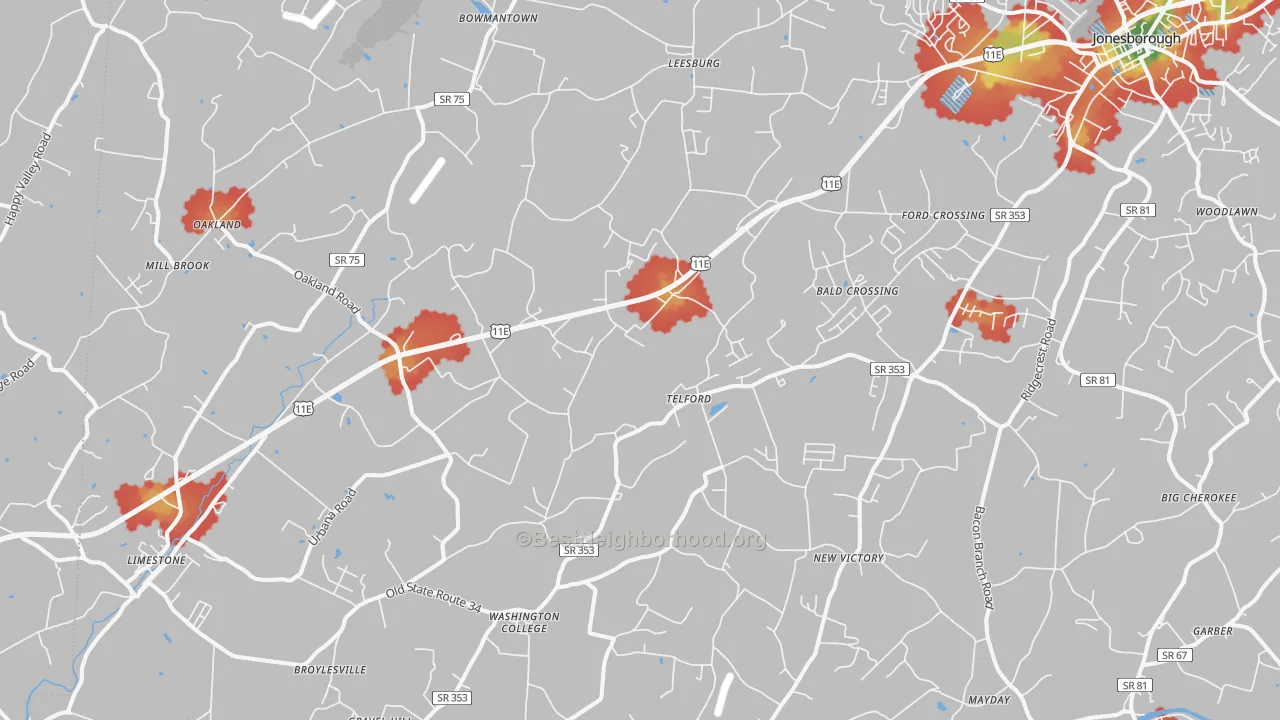 Walk Grade map of Telford, TN, walkable areas in green and car-dependent areas in red