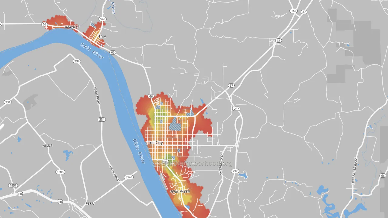 Walk Grade map of Tell City, IN, walkable areas in green and car-dependent areas in red