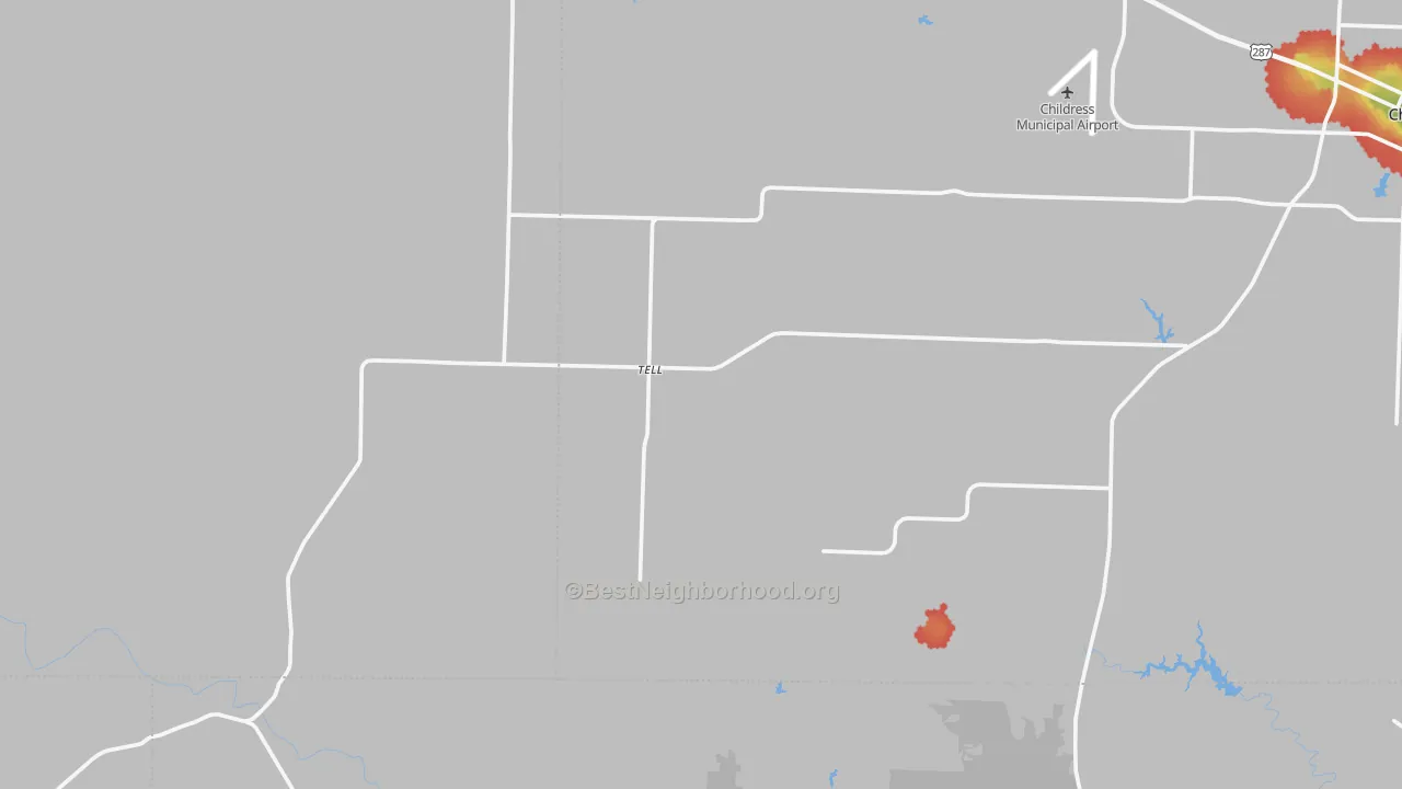 Walk Grade map of Tell, TX, walkable areas in green and car-dependent areas in red