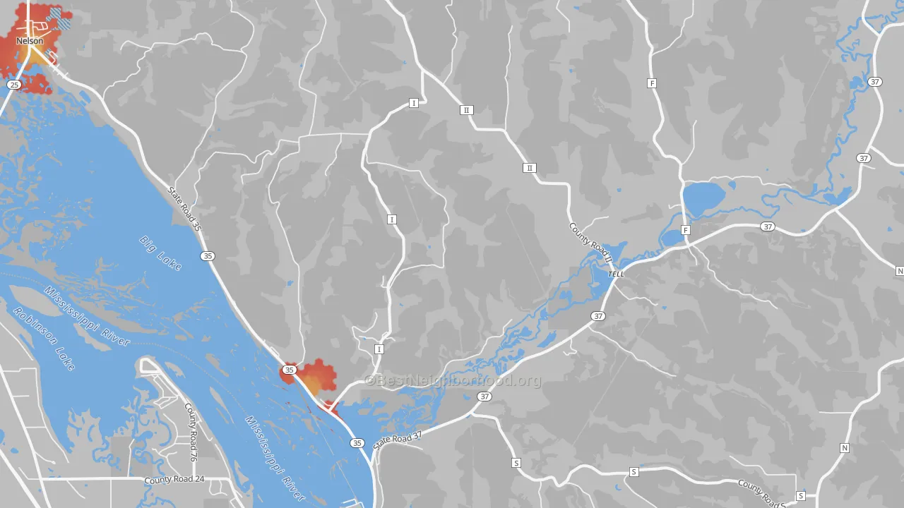 Walk Grade map of Tell, WI, walkable areas in green and car-dependent areas in red