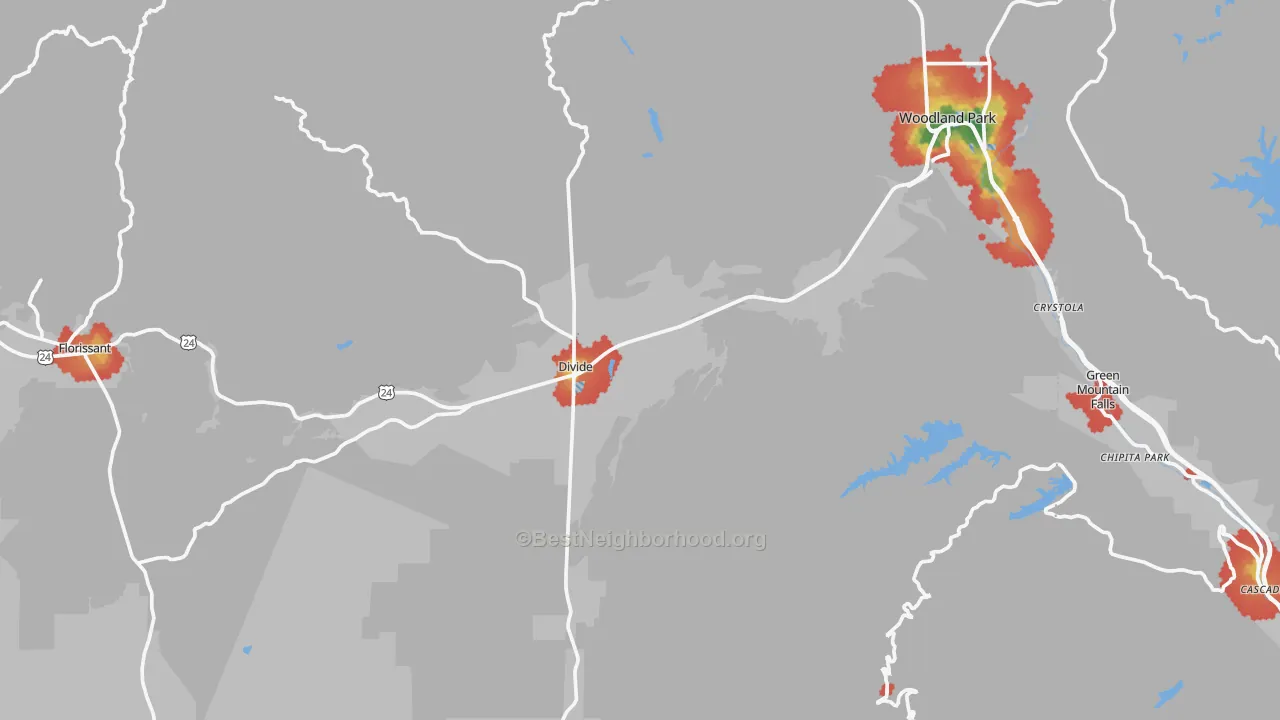 Walk Grade map of Teller County, CO, walkable areas in green and car-dependent areas in red