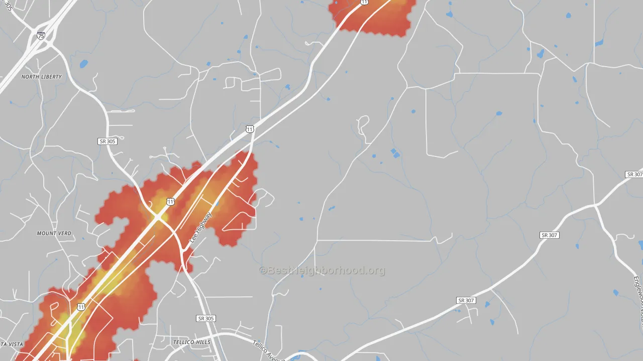 Walk Grade map of Tellico Hills, TN, walkable areas in green and car-dependent areas in red