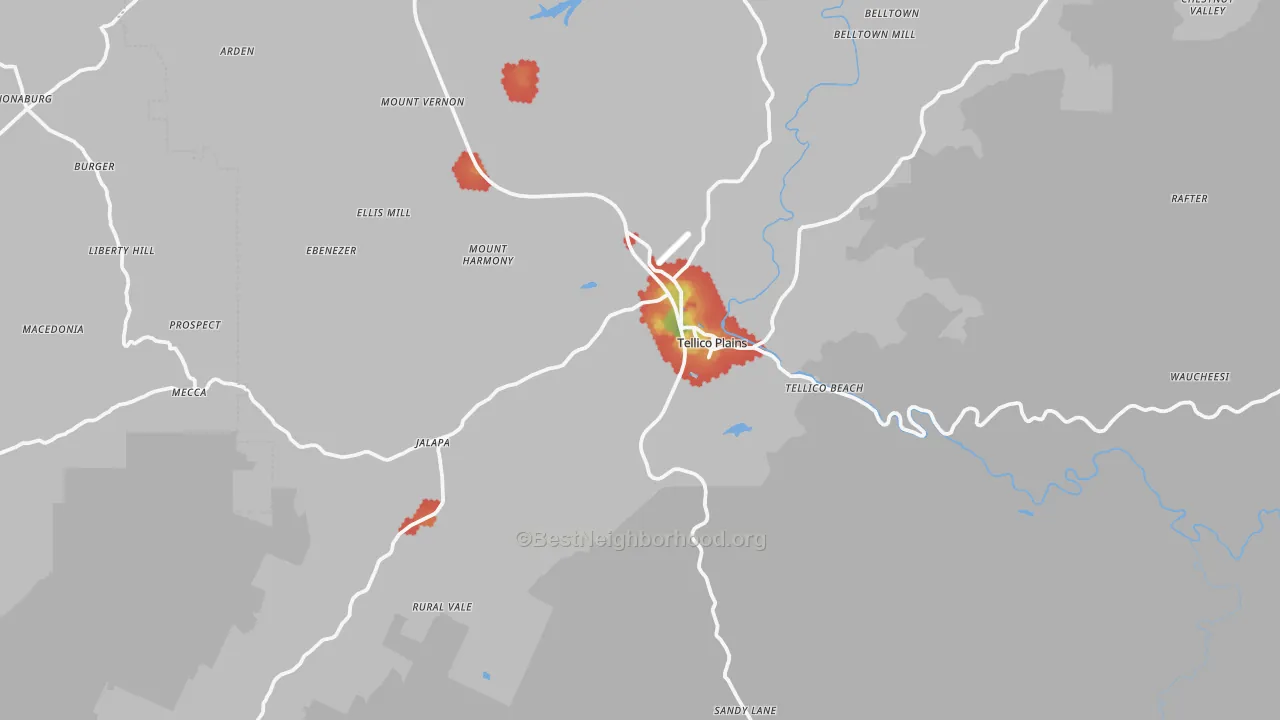 Walk Grade map of Tellico Plains, TN, walkable areas in green and car-dependent areas in red