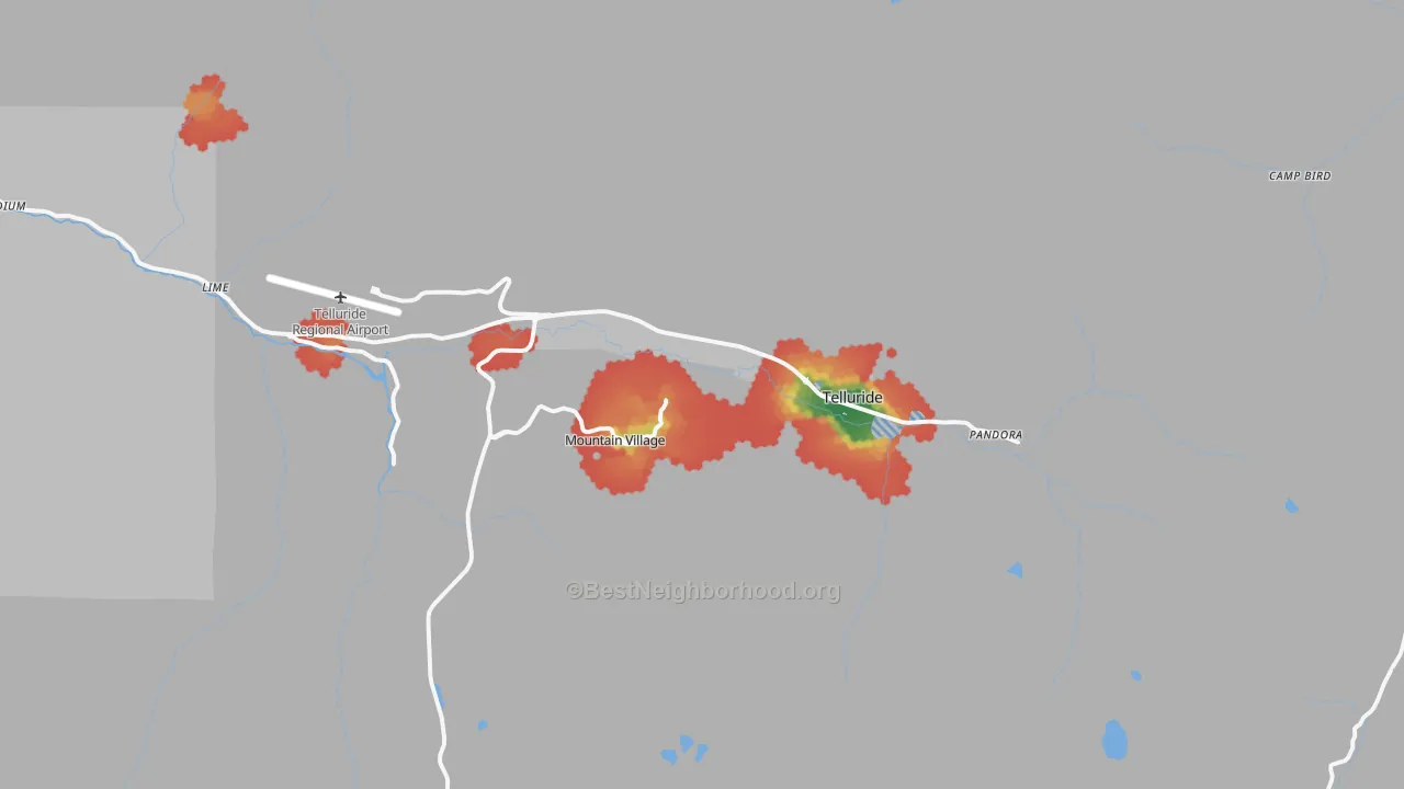 Walk Grade map of Telluride, CO, walkable areas in green and car-dependent areas in red