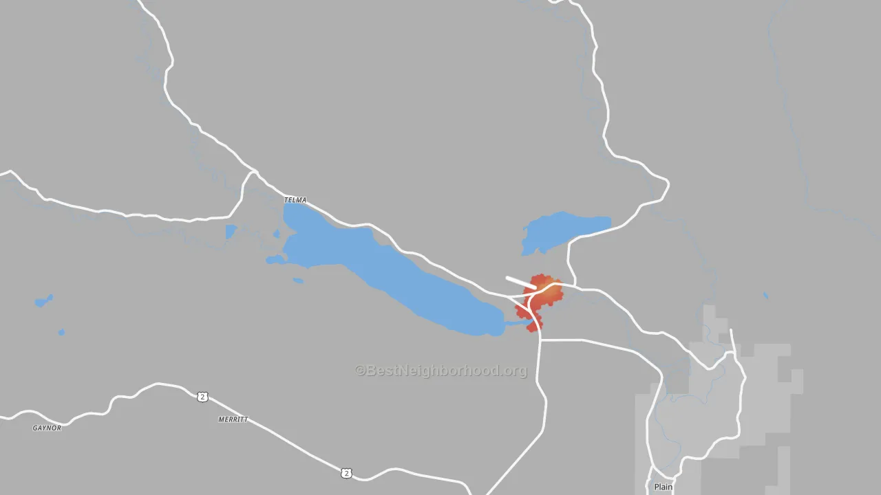 Walk Grade map of Telma, WA, walkable areas in green and car-dependent areas in red