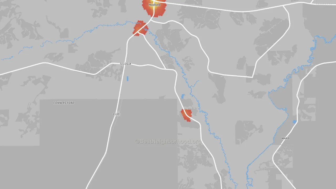Walk Grade map of Telogia, FL, walkable areas in green and car-dependent areas in red
