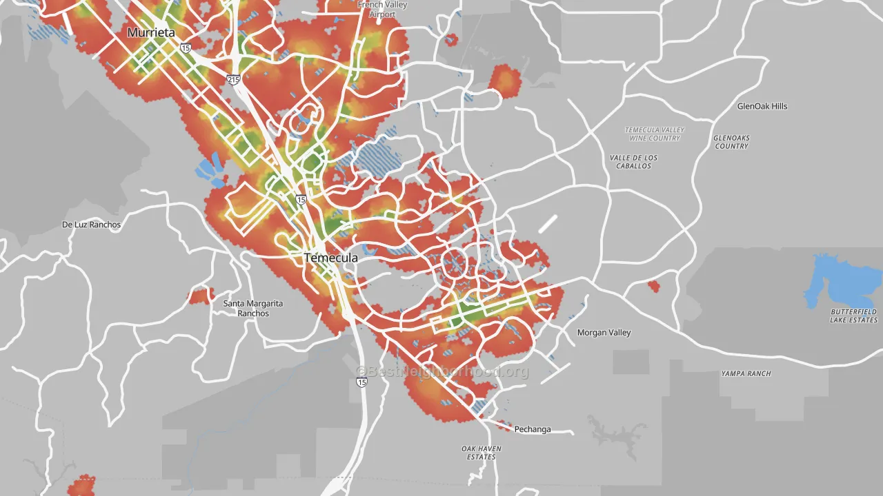 Walk Grade map of Temecula, CA, walkable areas in green and car-dependent areas in red