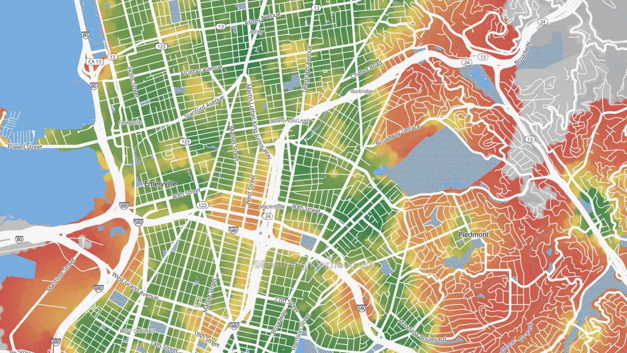 Walk Grade map of Temescal, Oakland, CA, walkable areas in green and car-dependent areas in red