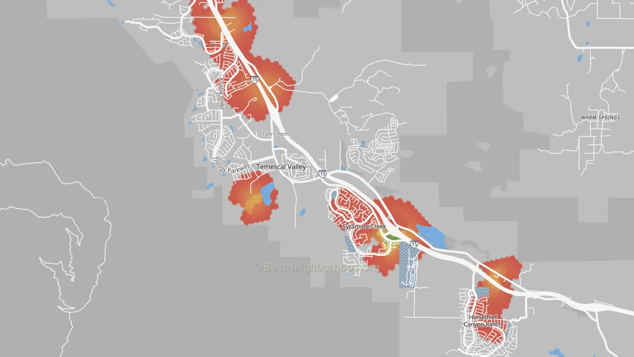 Walk Grade map of Temescal Valley, CA, walkable areas in green and car-dependent areas in red