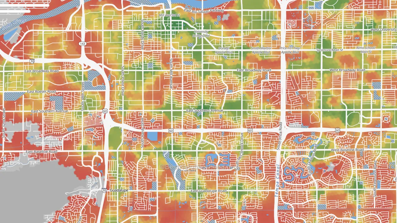 Walk Grade map of Tempe, AZ, walkable areas in green and car-dependent areas in red