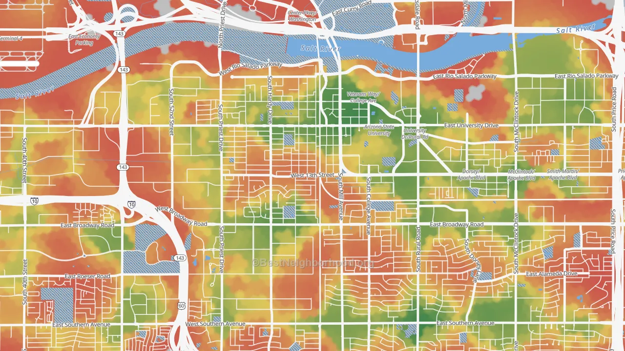 Walk Grade map of Tempe Junction, Tempe, AZ, walkable areas in green and car-dependent areas in red